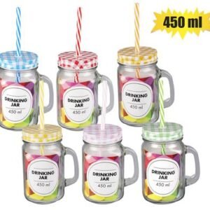 Drinking-jar gls + straw 450ml asstd col