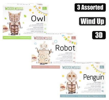 Puzzle wood diy 3d wind up asstd