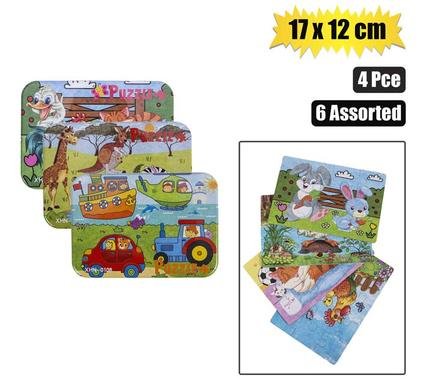Puzzle wood tin asstd designs & pieces b