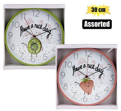 Clock wall pl round fruit 30cm asstd